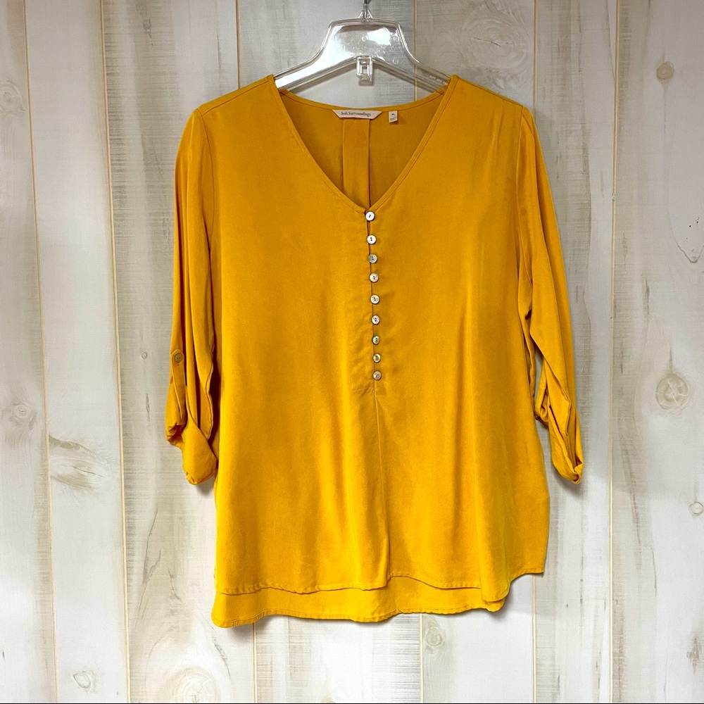 Soft Surroundings Yellow Tencel Button Front Blouse Sz PL